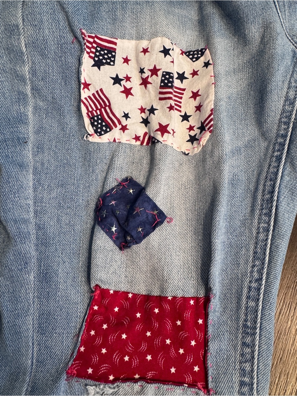 Upcycled Patriotic Patchwork Denim Overalls Small USA Flag Distressed Festival - Picture 9 of 10